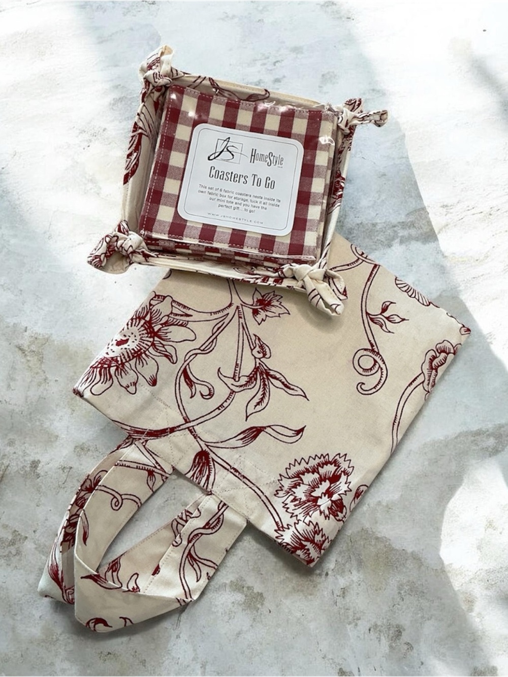JS HomeStyle Coasters To Go Set Fabric  Coasters Holder Red Floral Gingham NEW - Picture 2 of 4